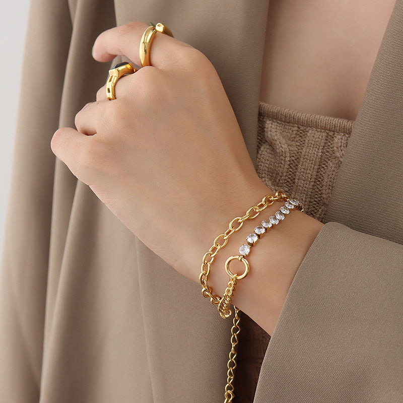 Cold wind light luxury fashion trend imitation pearl zircon bracelet titanium steel plated 18K real gold E029