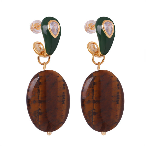 Retro style personalized design copper material natural tiger's eye pendant inlaid with zircon enamel glaze earrings jewelry
