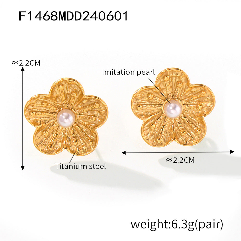 Textured petals flower inlaid bead stud earrings stainless steel electroplated 18K real gold earrings earrings combination