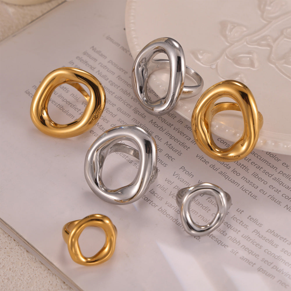 Version Casual Minimalist Design Jewelry Geometric Hollow Irregular Ring Titanium Steel Gold Plated Ring 99