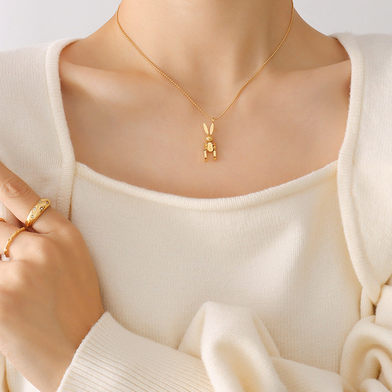 Niche creative design personalized animal mechanical rabbit necklace titanium steel plated 18K gold jewelry