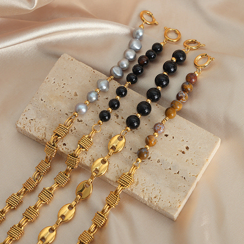 New high-end niche men's brass freshwater pearl handmade beaded natural stone black agate bracelet women