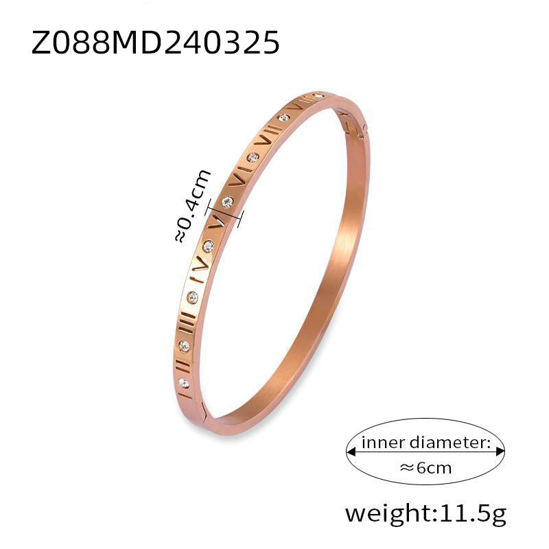 Retro niche personality unique simple jewelry engraved Roman numerals design sense diamond inlaid titanium steel gold plated bracelet