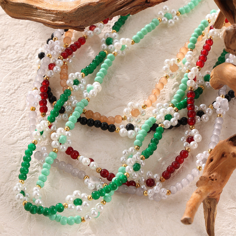 Dopamine wear temperament jewelry beads mix and match colorful natural stone handmade beaded design titanium steel gold-plated necklace pp
