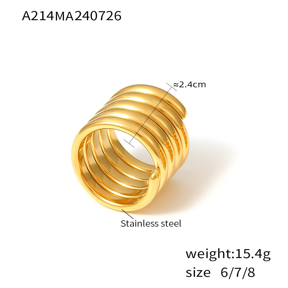 Niche design multi-layer winding wide version ring women's light luxury texture stainless steel plated 18k gold ring