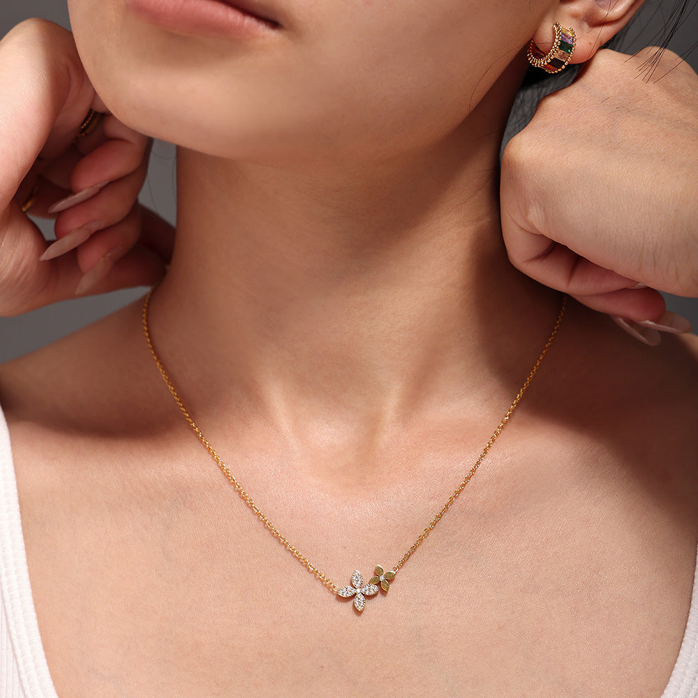 Zircon four-leaf flower double-layer collarbone necklace bracelet women's stainless steel PVD plating set