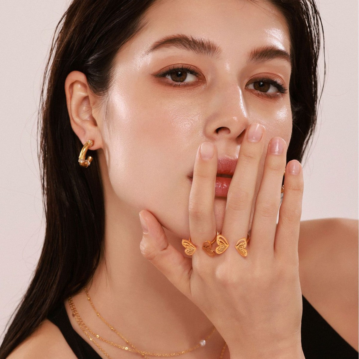 Butterfly fairy ring female creative opening niche design stainless steel plated 18K real gold color retention hand jewelry 99