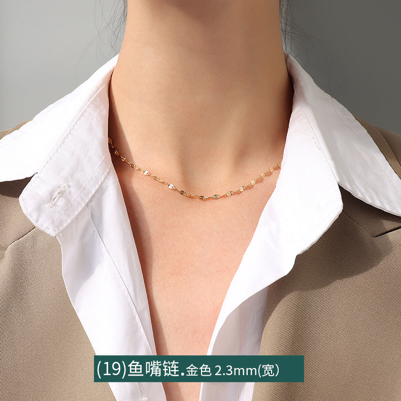 Cross chain Snake bone chain Twist chain Box chain Variety necklace Women's titanium steel plated 18K gold plain chain Clavicle chain jewelry 99