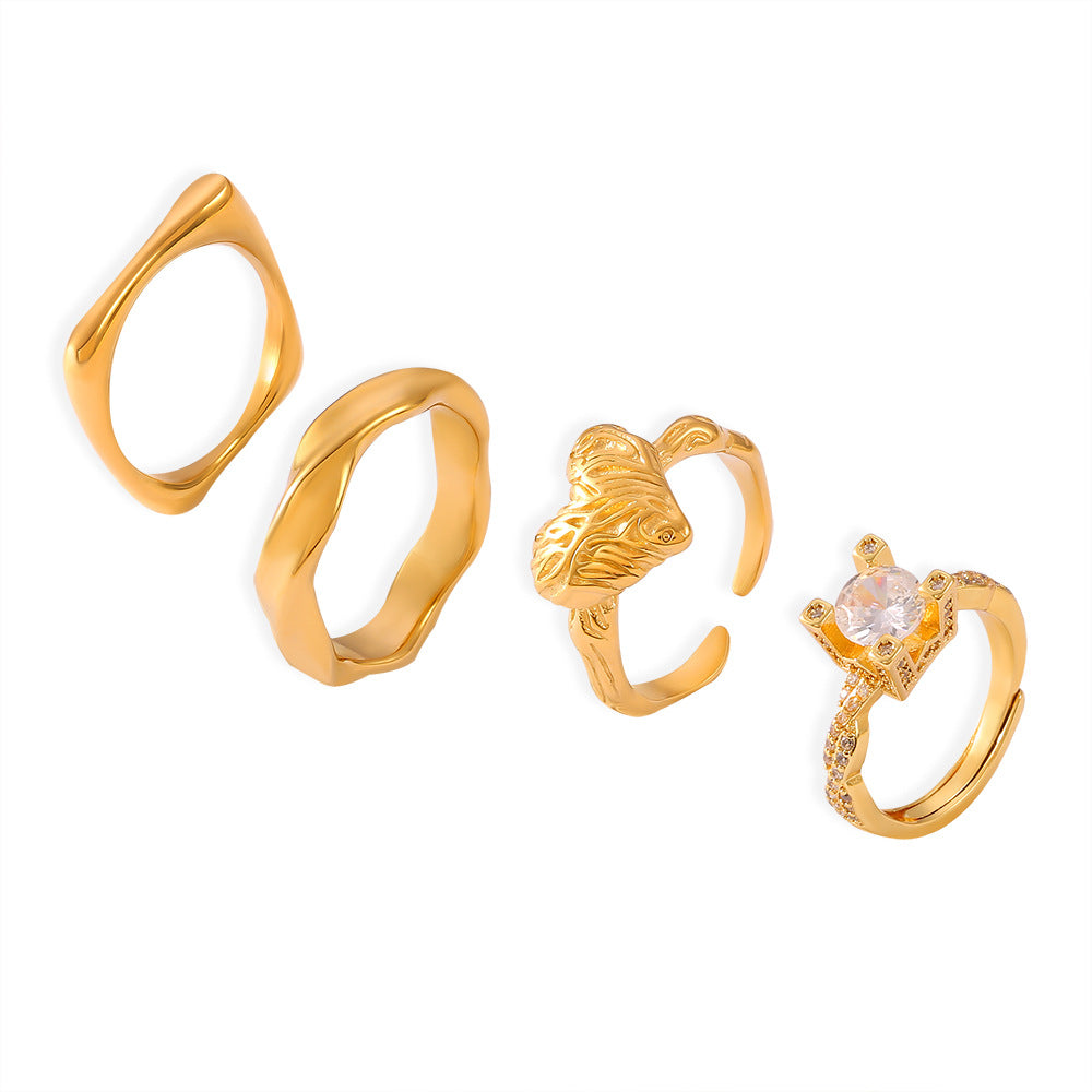 Fashion niche light luxury temperament zircon ring titanium steel gold-plated geometric texture design ring