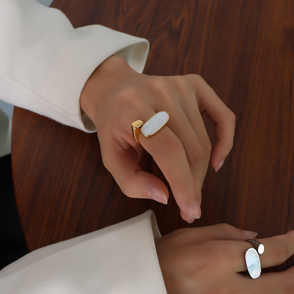 Cold Wind Niche Titanium Steel Plated 18k Gold Jewelry Mother White Oval Open Ring Women's Jewelry