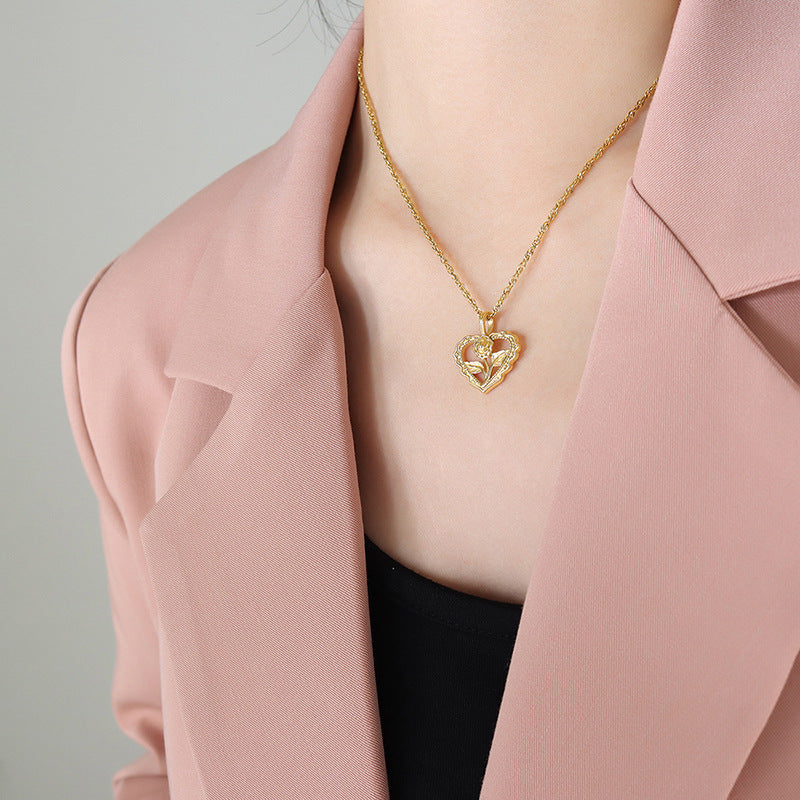 Vintage irregular love rose hollow pendant flower ring necklace titanium steel gold-plated jewelry set pp