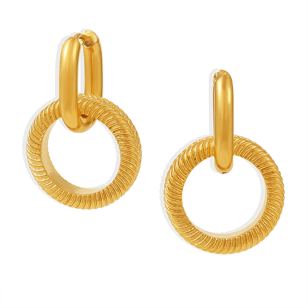 Stylish Double Ring Threaded Earrings Stainless Steel PVD Plated Simple Circles Non-Allergy Popular Earrings Spot