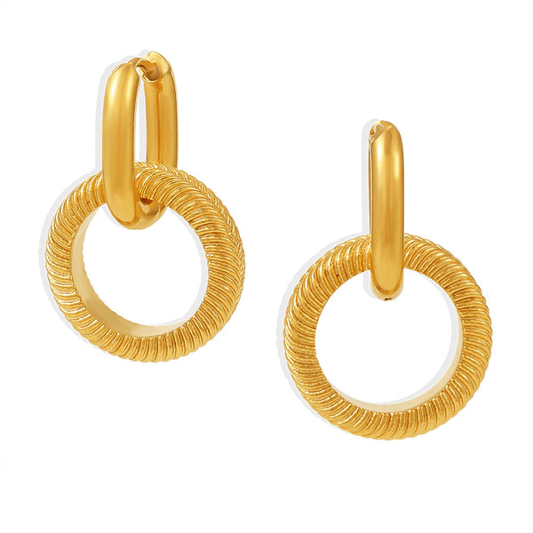 Stylish Double Ring Threaded Earrings Stainless Steel PVD Plated Simple Circles Non-Allergy Popular Earrings Spot