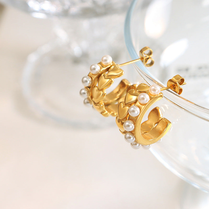 Court style gentle gentle and pleasant imitation pearl earrings, geometric C-shaped love lines personalized stud earrings
