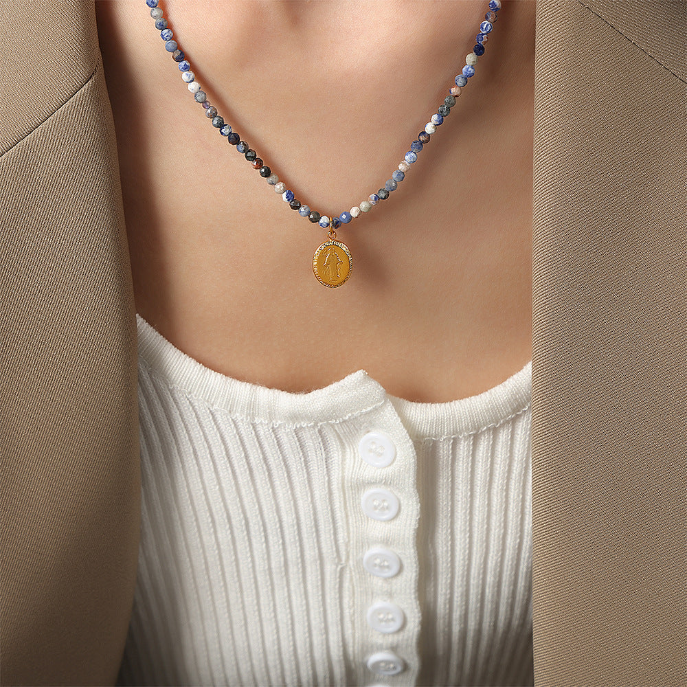 New retro high-end light luxury natural stone handmade beaded necklace titanium steel gold-plated pendant jewelry