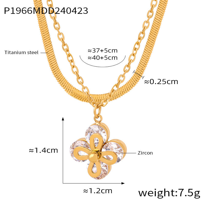 Fashion commuter simple personality versatile blade chain jewelry four-leaf clover inlaid zircon pendant titanium steel gold-plated necklace pp