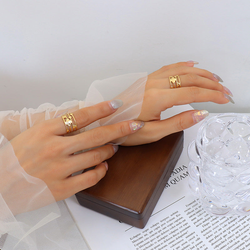 Hot Selling Open Titanium Steel Gold Plated Geometric Mix and Match Fashion Variety Ring Non-Fading Hip Hop Trend Ring