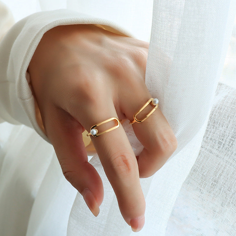 Design Titanium steel gold-plated non-fading personalized geometric return ring versatile imitation pearl personalized ring 99