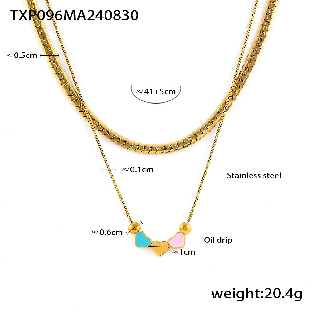 Hot-selling color drip love double-layer necklace bracelet retro niche light luxury stainless steel set jewelry pp