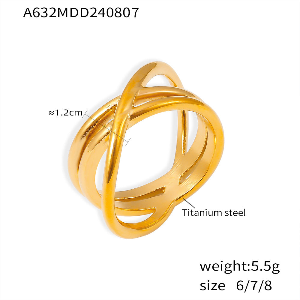 Design sense winding hollow cross line ring, titanium steel electroplated 18k gold ring cold wind hand jewelry pp