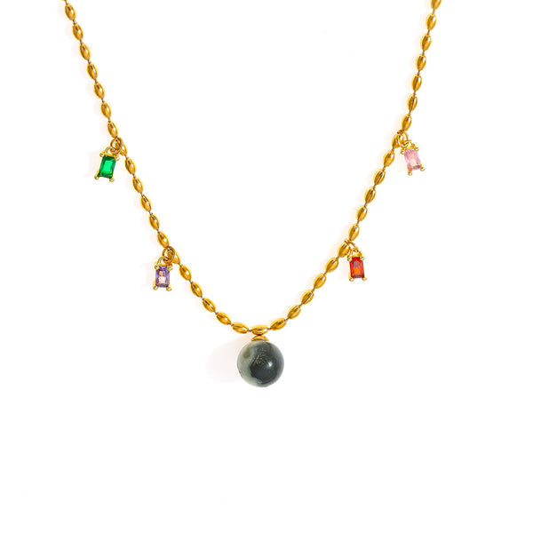 Hot-selling niche rice bead chain inlaid with colored zirconium design jewelry personalized natural stone pendant titanium steel necklace