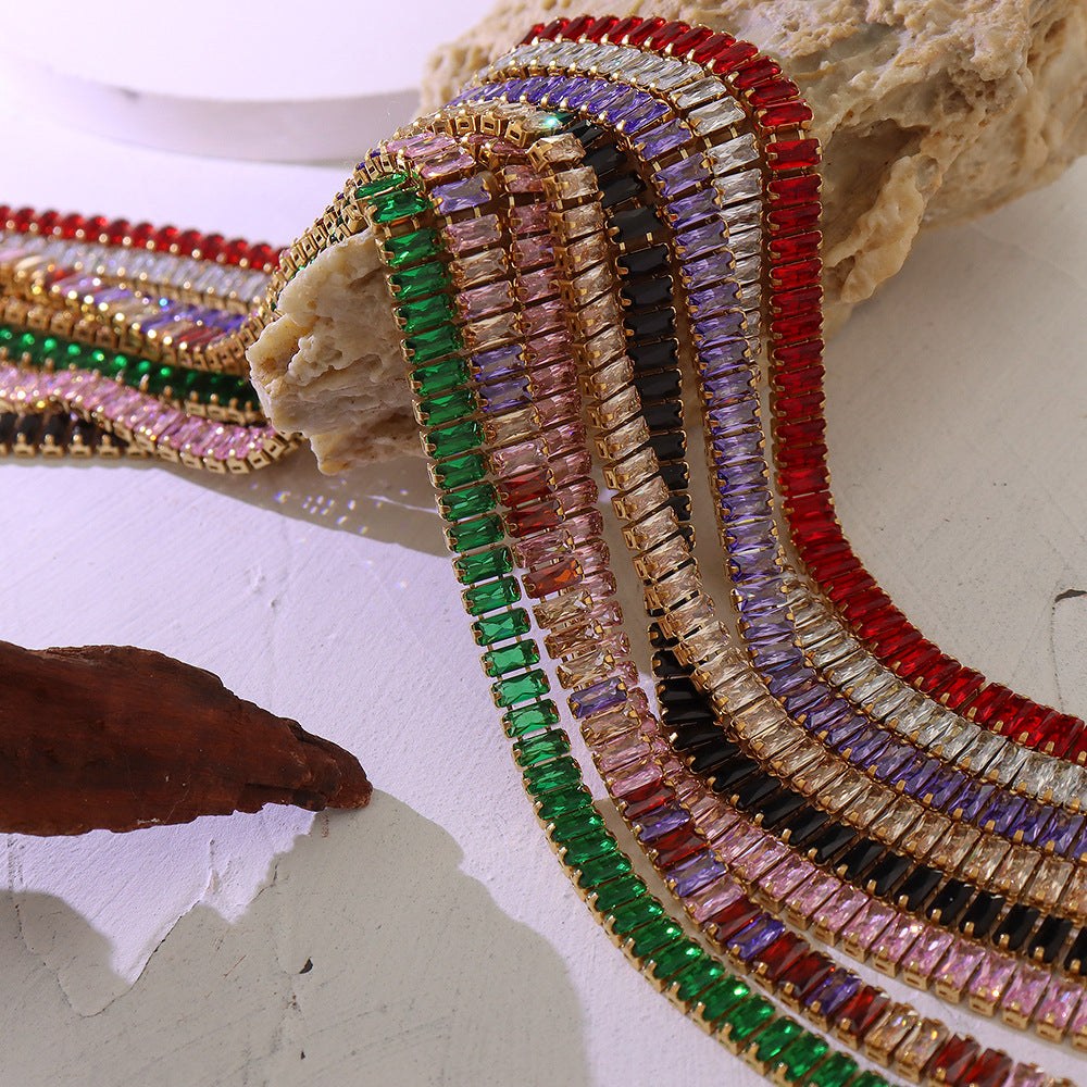 Solid color retro colored diamond zircon inlaid non-fading necklace bracelet jewelry set hot-selling jewelry