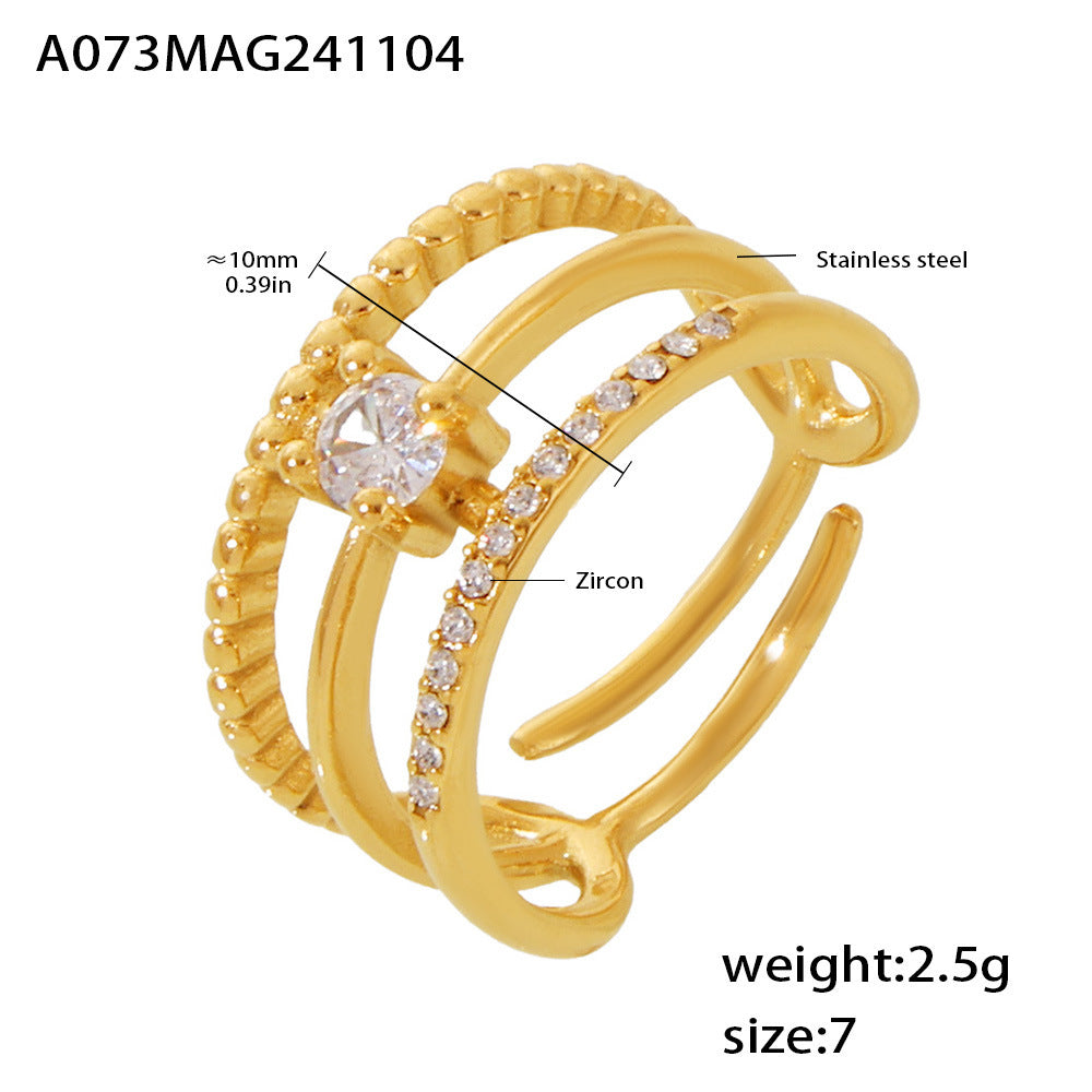 Creative three-layer inlaid zircon ring opening adjustable multi-layer design stainless steel gold-plated index finger ring spot 99