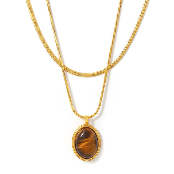 Autumn and winter stacked wearing Maillard style oval tiger's eye stone pendant necklace light luxury stainless steel non-fading neck chain