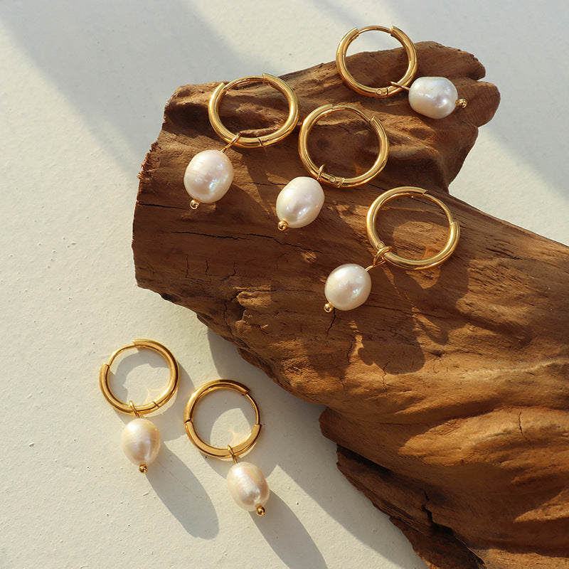 Vintage earrings, freshwater pearl loop earrings, titanium steel 18K plated real gold jewelry cold wind