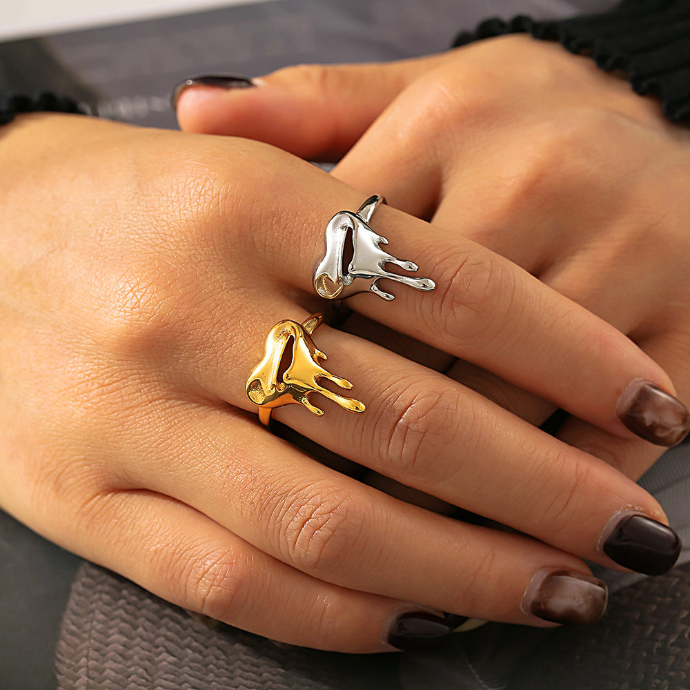 Vintage Heart Hollow Melted Opening Ring Titanium Steel 18K Gold Plated PVD Pop Ring