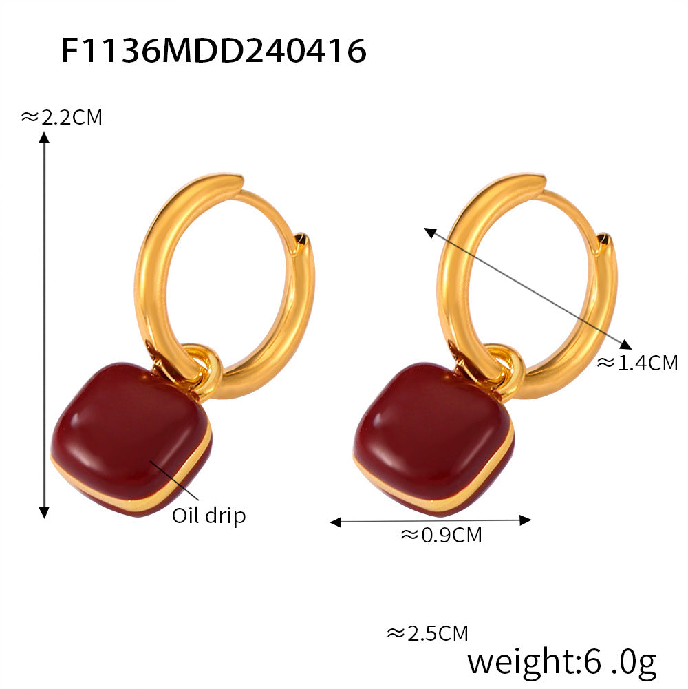 Retro niche simple personalized jewelry geometric weights color glaze design sense inlaid zircon copper earrings