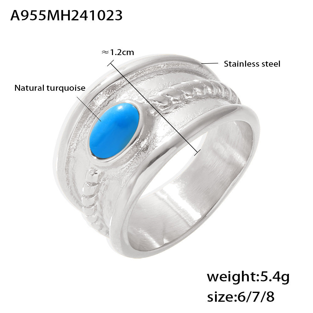 Stainless steel turquoise tiger's eye stone twist pattern ring women's PVD electroplated real gold color retention tail ring spot 99