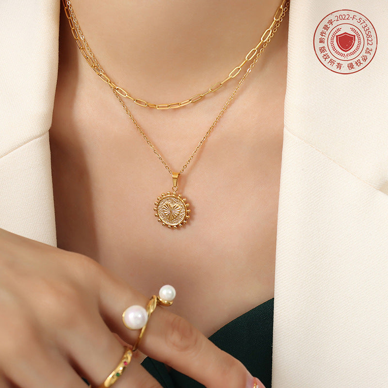 Trendy double-sided double-layer personalized explicit pendant, collarbone chain, relief peach heart sun lace necklace, jewelry, women's 99.