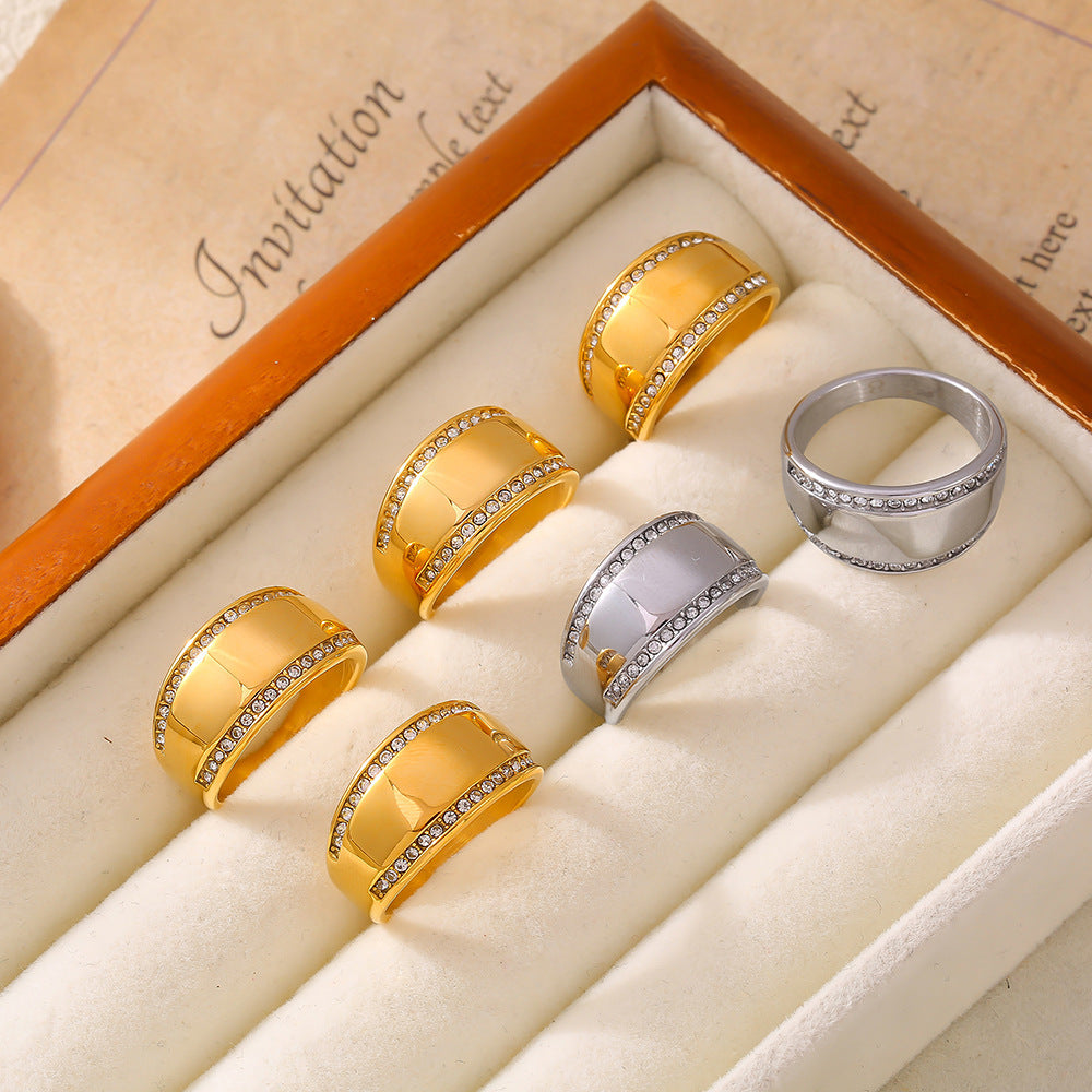 Smooth edged diamond ring simple light luxury titanium steel plated 18k real gold wide version ins wind hand jewelry pp