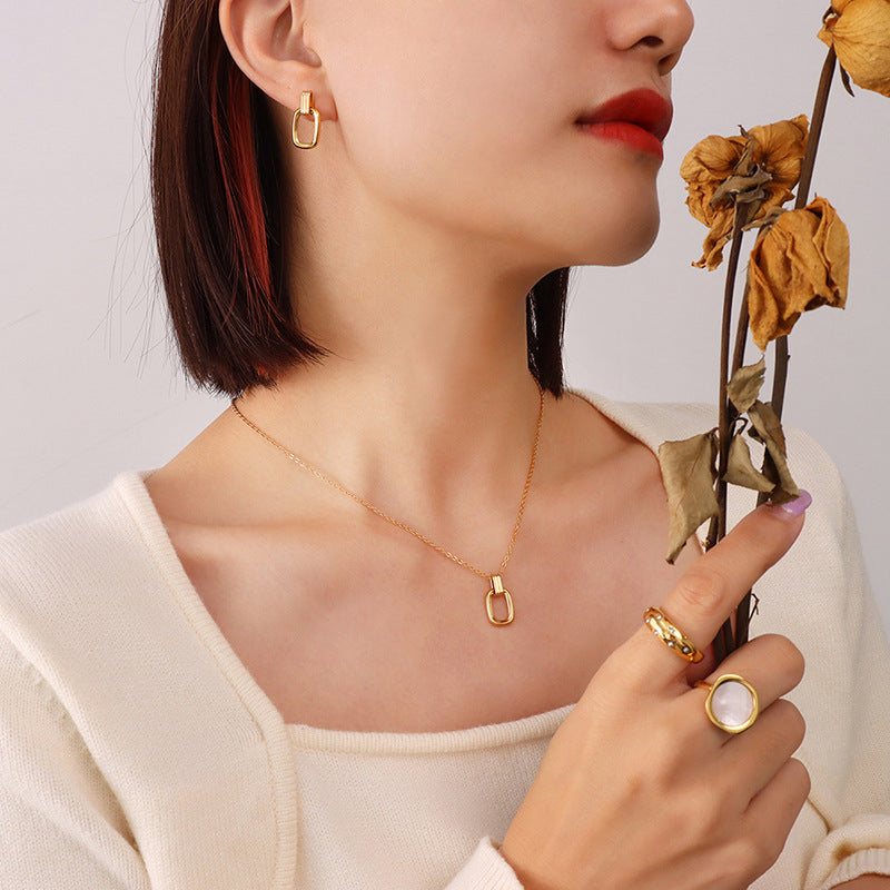 Cold Wind Oval Pendant Necklace Earrings Set Titanium Steel Plated 18K Real Gold Light Luxury Fashion Jewelry 99