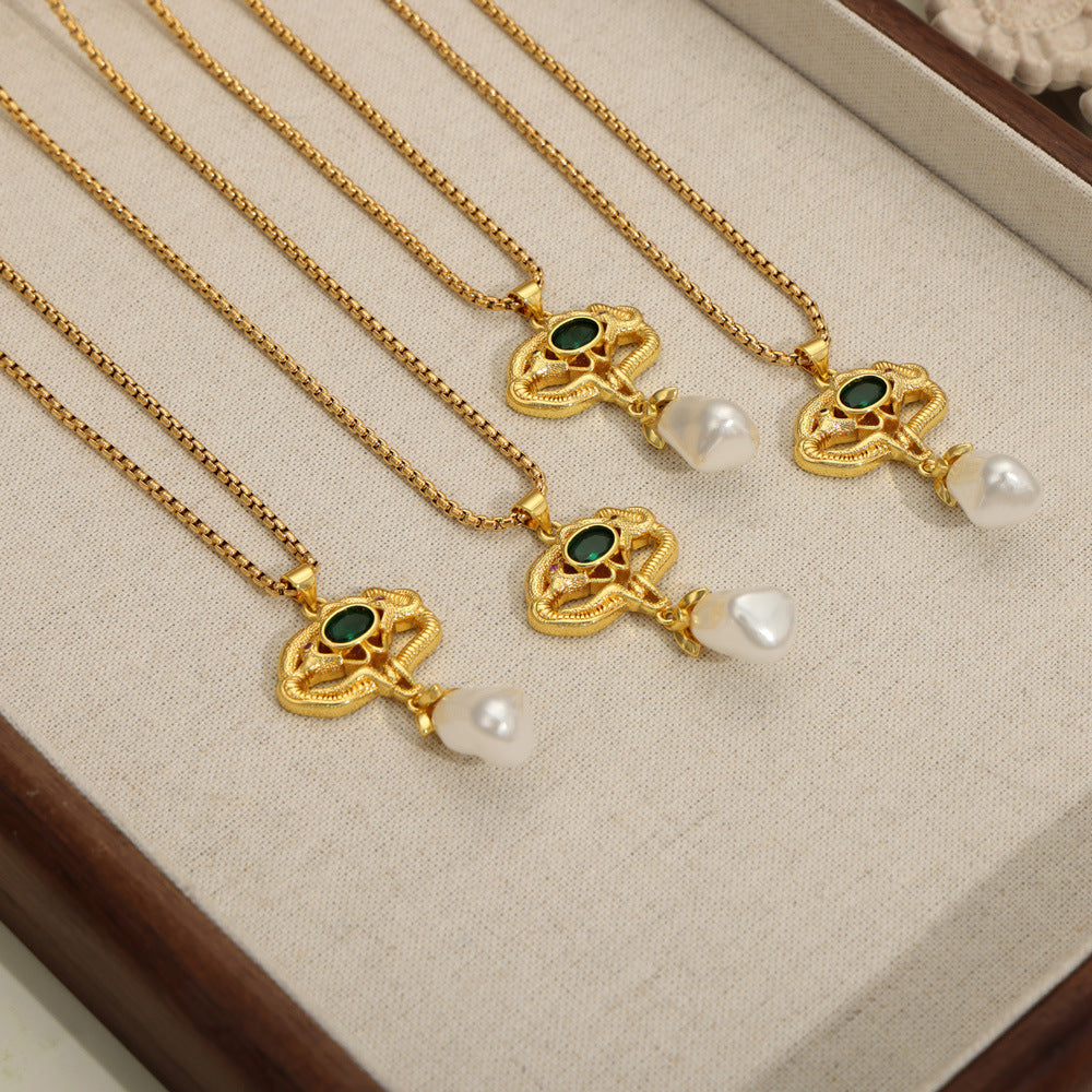 New cross-border retro court style light luxury copper material snake inlaid bead pendant necklace jewelry female pp