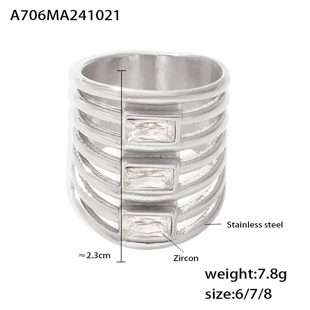 Multi-layer square zircon exaggerated ring women's fashion hollow versatile stainless steel gold-plated non-fading index finger ring pp