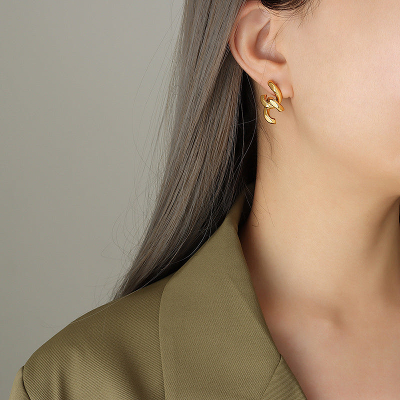 Chain splicing stud earrings women's titanium steel plated 18k gold earrings personalized ins cold wind earrings wholesale F393pp