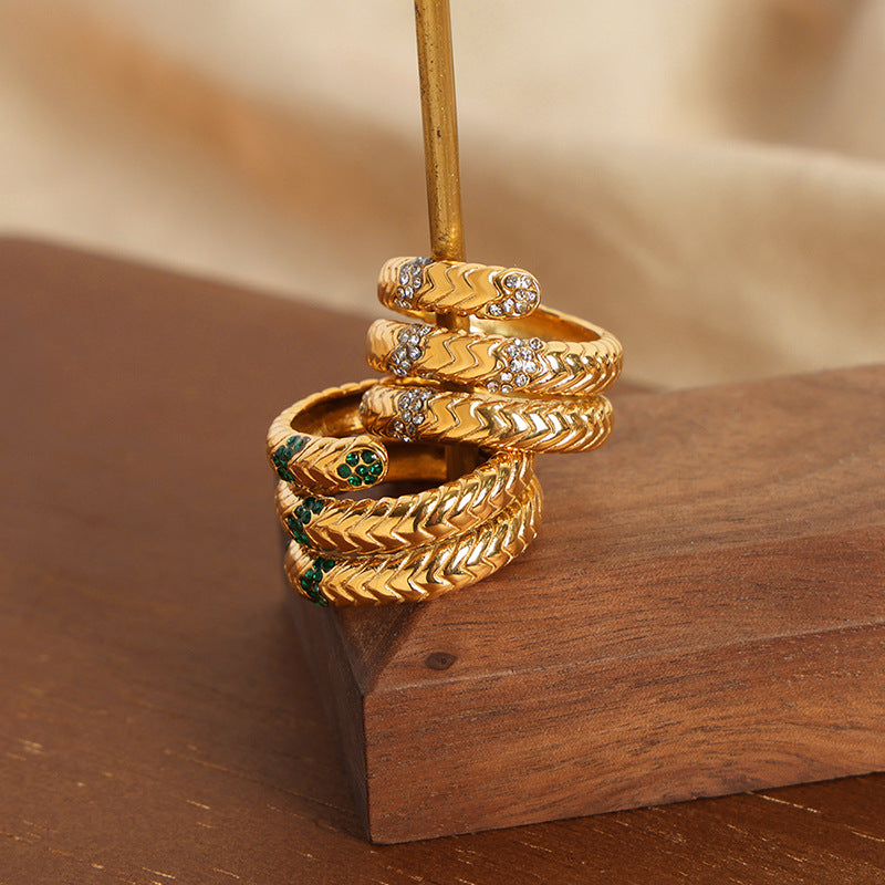 New fashion light luxury retro titanium steel gold-plated with colored diamonds multi-layer texture personalized opening ring jewelry women