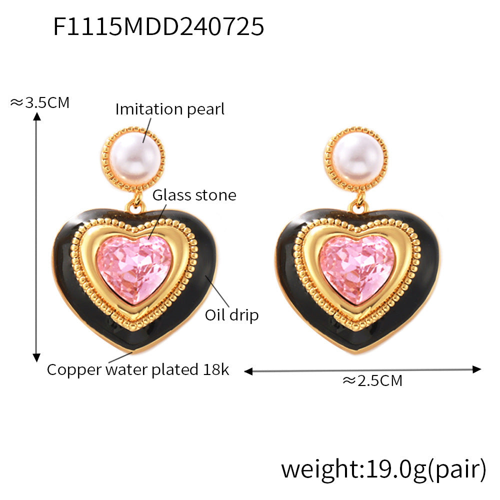 Imitation pearl love three-dimensional glass stone full stud earrings light luxury copper material hot-selling earrings 99