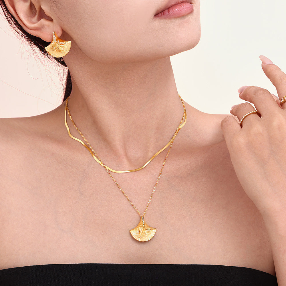 Cold wind three-dimensional fan-shaped shell zircon pendant necklace earrings light luxury temperament marine series set 99