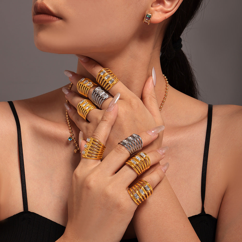 Multi-layer square zircon exaggerated ring women's fashion hollow versatile stainless steel gold-plated non-fading index finger ring pp