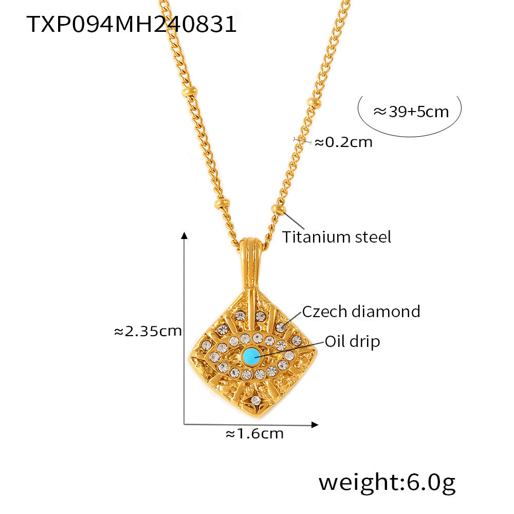 Magic Eye Diamond Square Pendant Clavicle Necklace Fashion Ring Set Titanium Steel PVD Plated 18K Gold