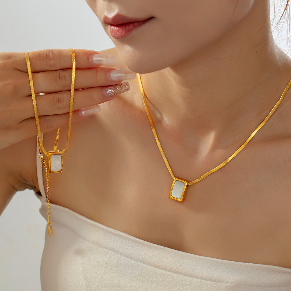 Retro temperament elegant personality blade chain jewelry geometric inlay white shell design pendant titanium steel necklace