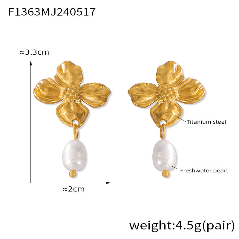Temperament elegant freshwater pearl pendant earrings women's niche texture flower design temperament stud earrings