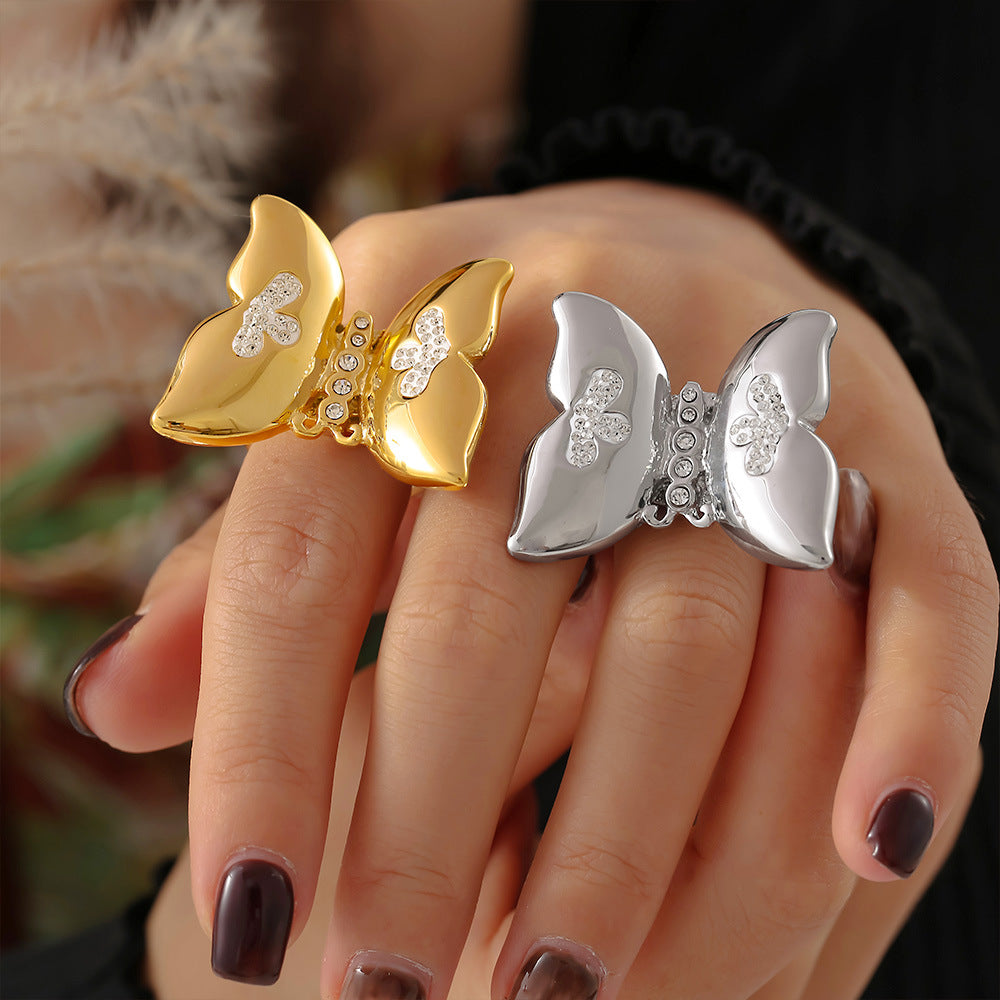 Sticky diamond butterfly ring fashionable temperament stainless steel new hot-selling jewelry color retention ring wholesale pp