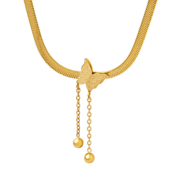 Blade chain frosted butterfly tassel steel ball sexy necklace Mori elegant temperament niche personalized jewelry P513