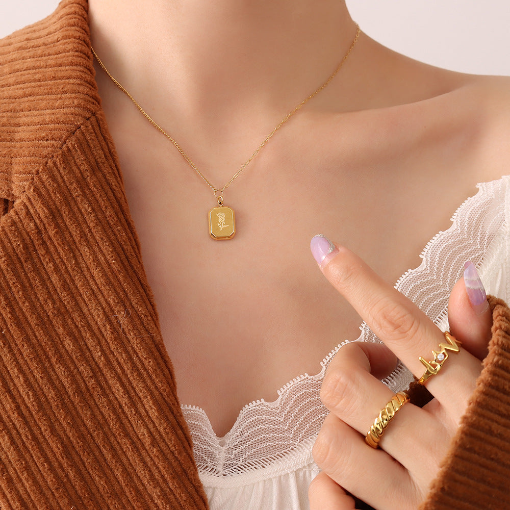 Cold wind light luxury fashion rose necklace female, simple titanium steel plated 18K real gold collarbone chain pp
