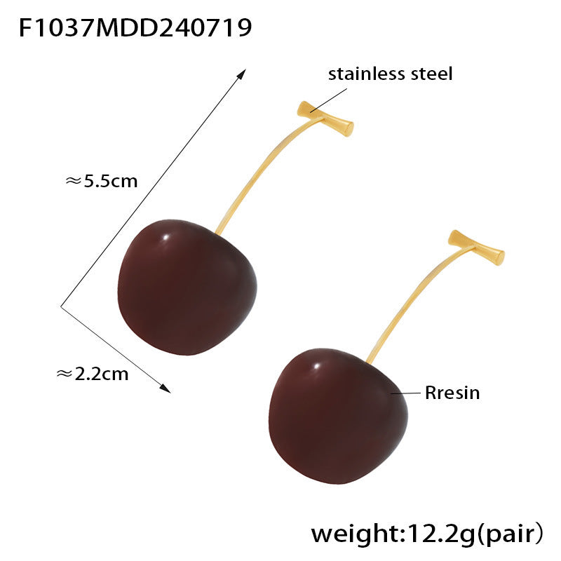 Small fresh cherry long earrings female personality Internet celebrity stainless steel resin cherries creative temperament stud earrings