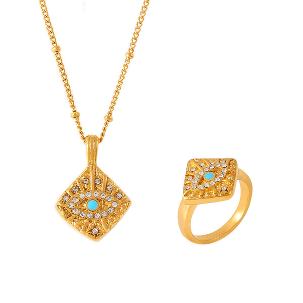 Magic Eye Diamond Square Pendant Clavicle Necklace Fashion Ring Set Titanium Steel PVD Plated 18K Gold
